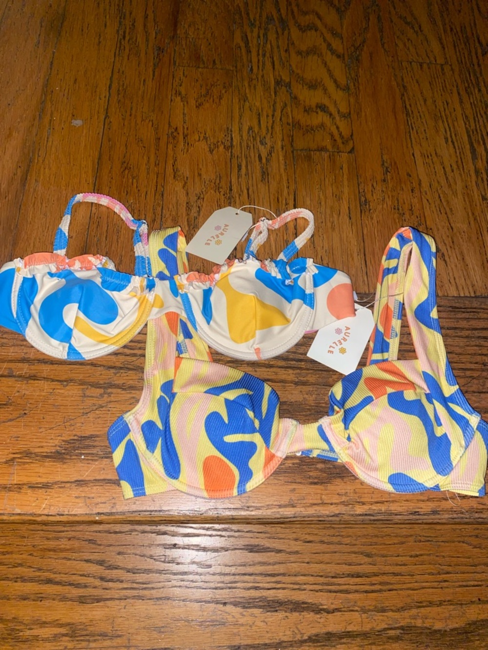 Colorful Abstract Print Underwire Bikini Top - Yellow Blue Pink